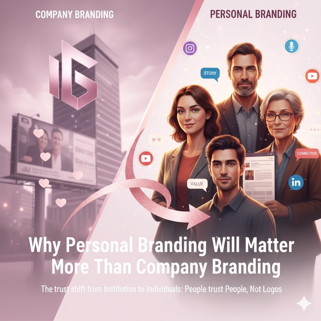 Visual showing the shift from company branding to individuals highlighting how to build personal branding through trust and creativity.