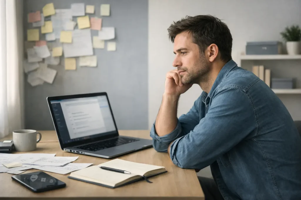A thoughtful content creator sitting at a desk with a laptop and notes, reflecting on a content creation strategy to stay consistent without burnout.