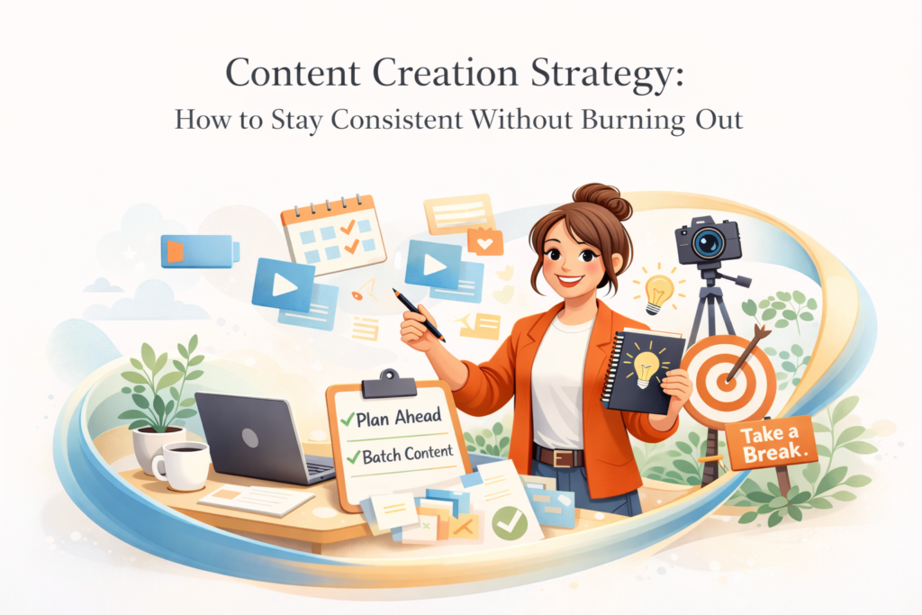 3D illustration of a female creator at her desk surrounded by productivity icons, representing a calm and organized content creation strategy.
